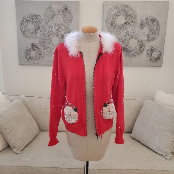 Collective Works Of Berek 2 Embellished Christmas Santa Clause Zip-Up Hoodie LG - Picture 2 of 13